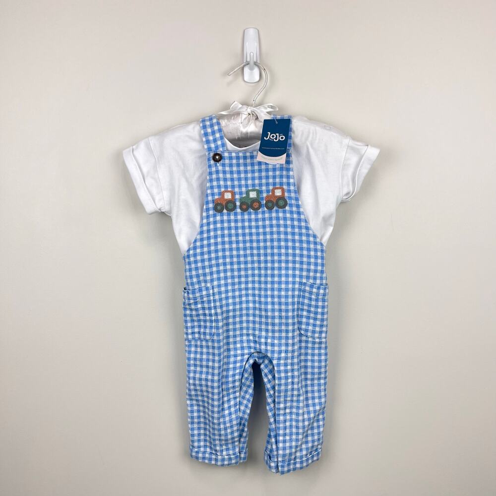 JoJo Maman Bebe Blue Tractor Gingham Dungarees & T-Shirt Set 3-6 Months NWT